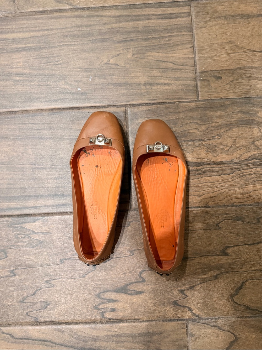 Hermes Tan Leather Ballet Flats with Silver Bow Hardware